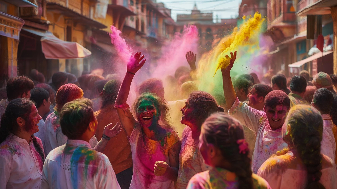 Crowd celebrating Holi festival with colorful powders in Vrindavan