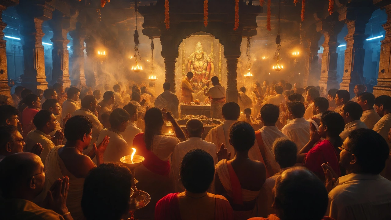 Crowded temple interior with devotees praying under warm lamp light at Sabarimala shrine