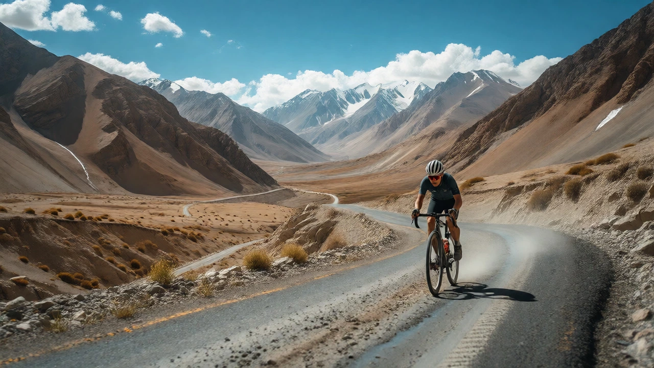Cyclist riding through arid Ladakh mountain passes in summer