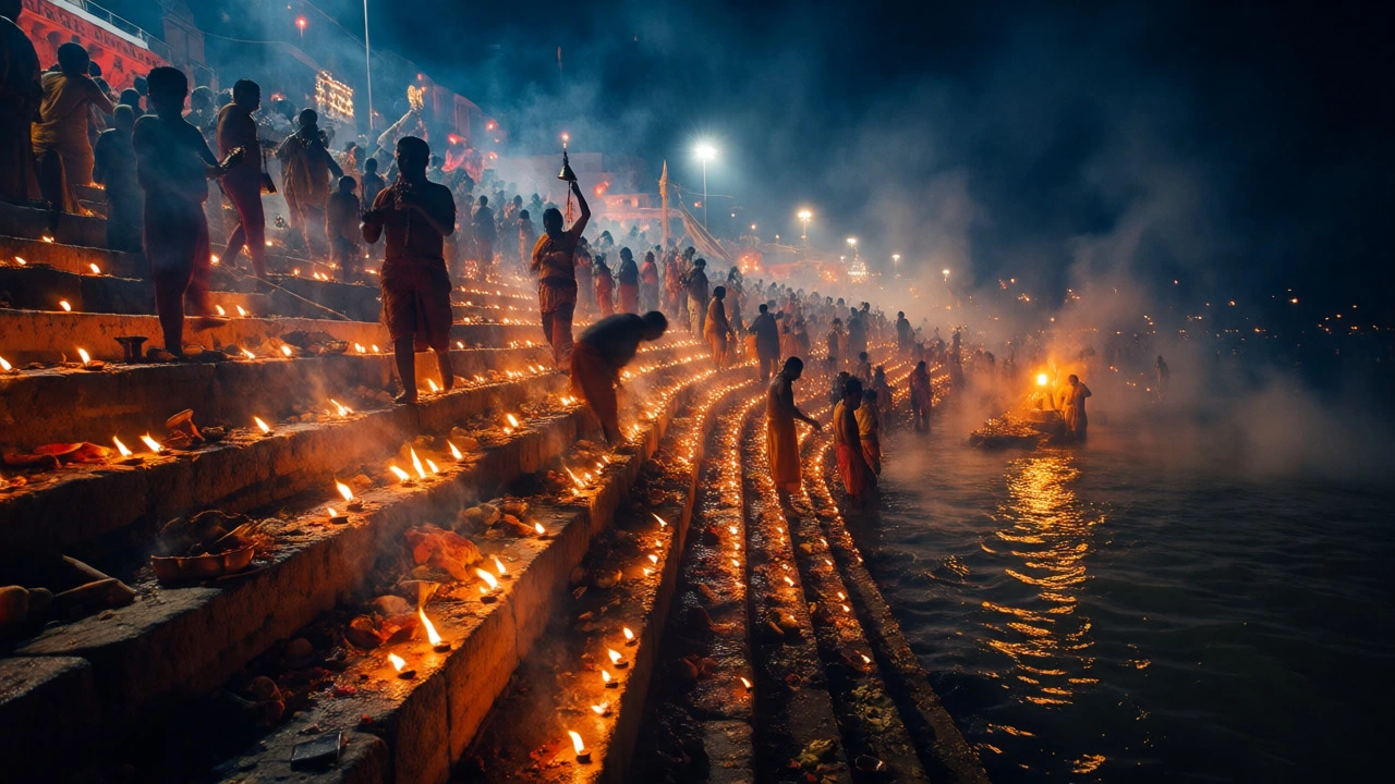 Devotees performing Ganga Aarti with lamps at Varanasi ghats