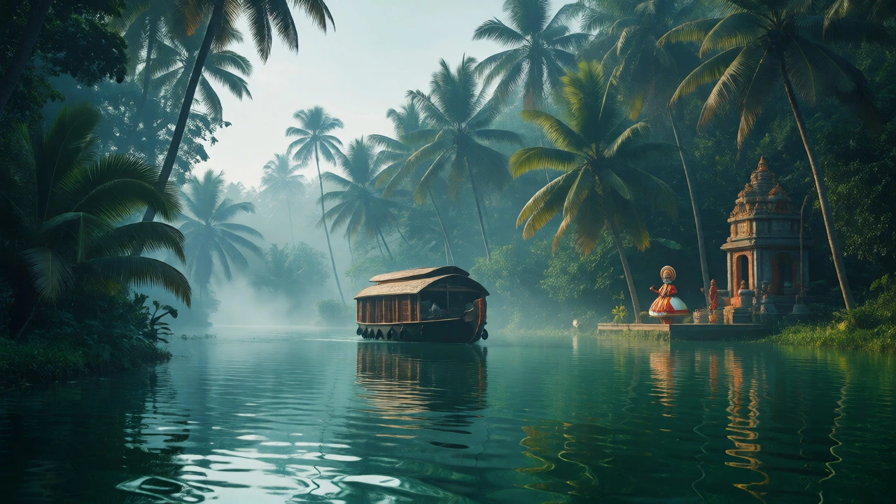 Houseboat on Kerala backwaters with Kathakali dancer nearby