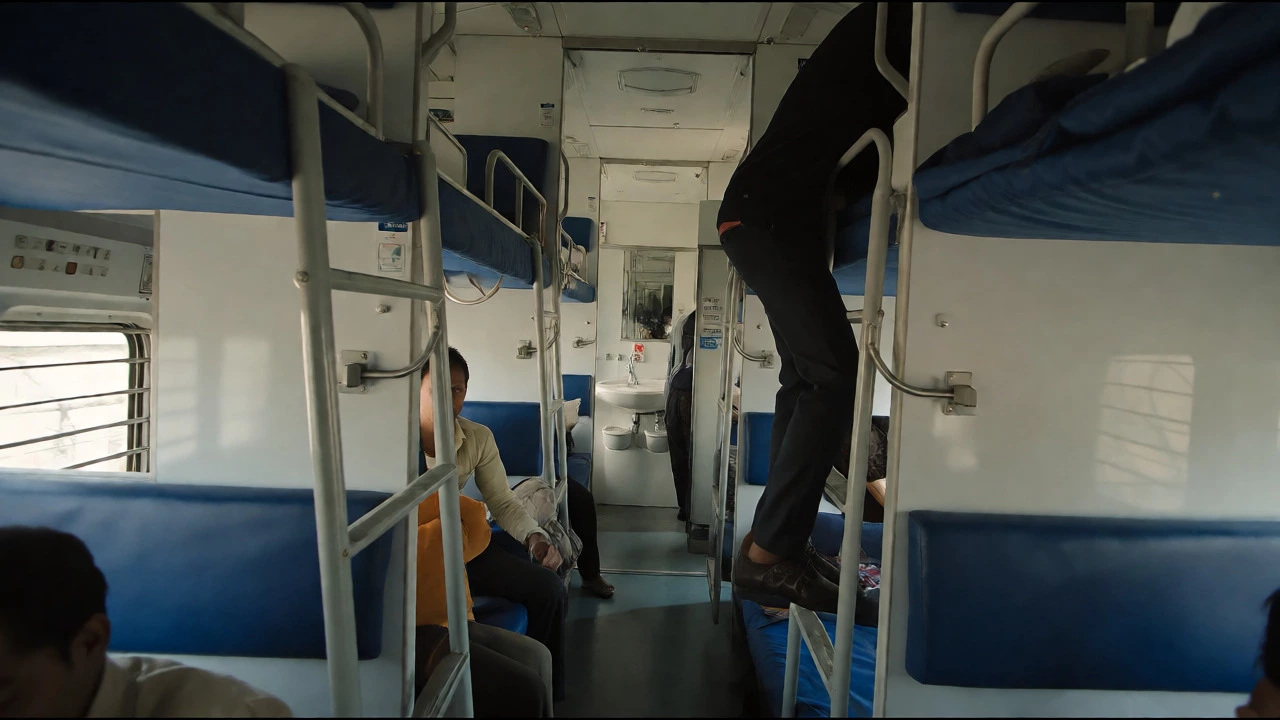 Passengers navigating the narrow aisle of an AC 3-Tier train coach near shared washbasins.