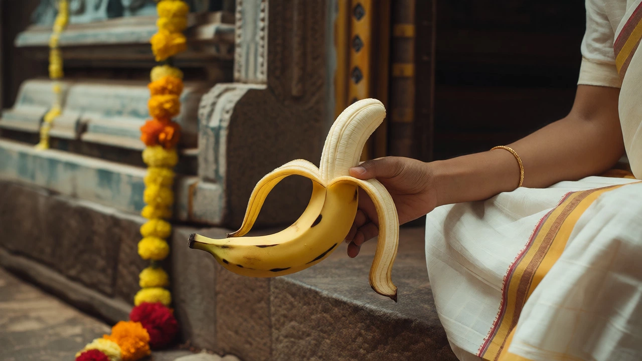 Person peeling a banana near a South Indian temple