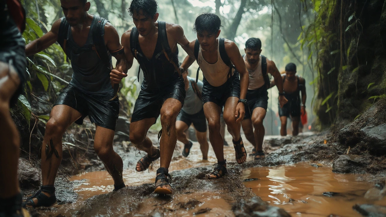 Pilgrims climbing muddy, slippery mountain trails in heavy rain during the Sabarimala trek