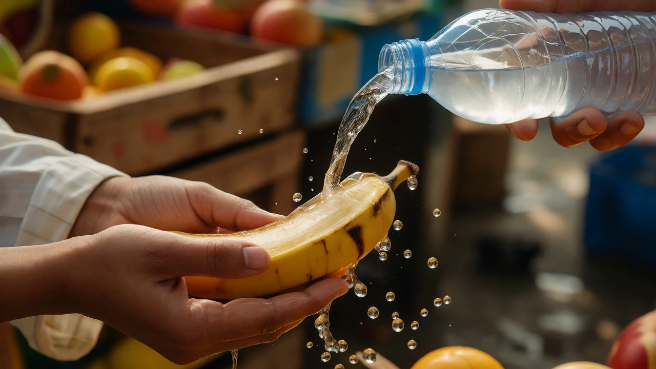 Rinsing a banana peel with bottled water at an Indian market
