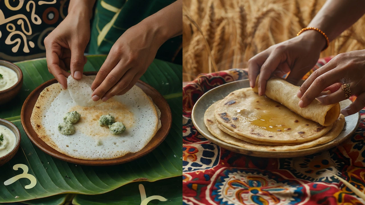 Split view comparing South Indian dosa preparation with North Indian chapati making.