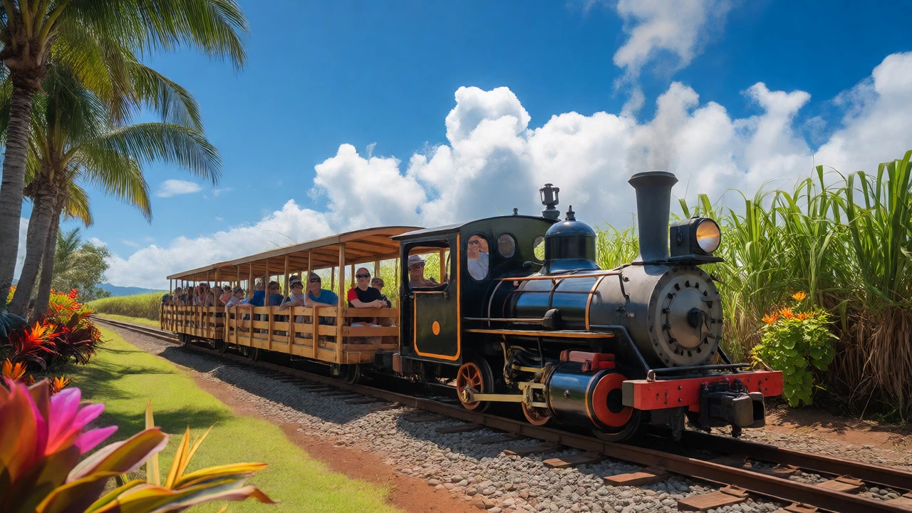 Tourists riding the historic Kauai Plantation Railway through green sugarcane fields.