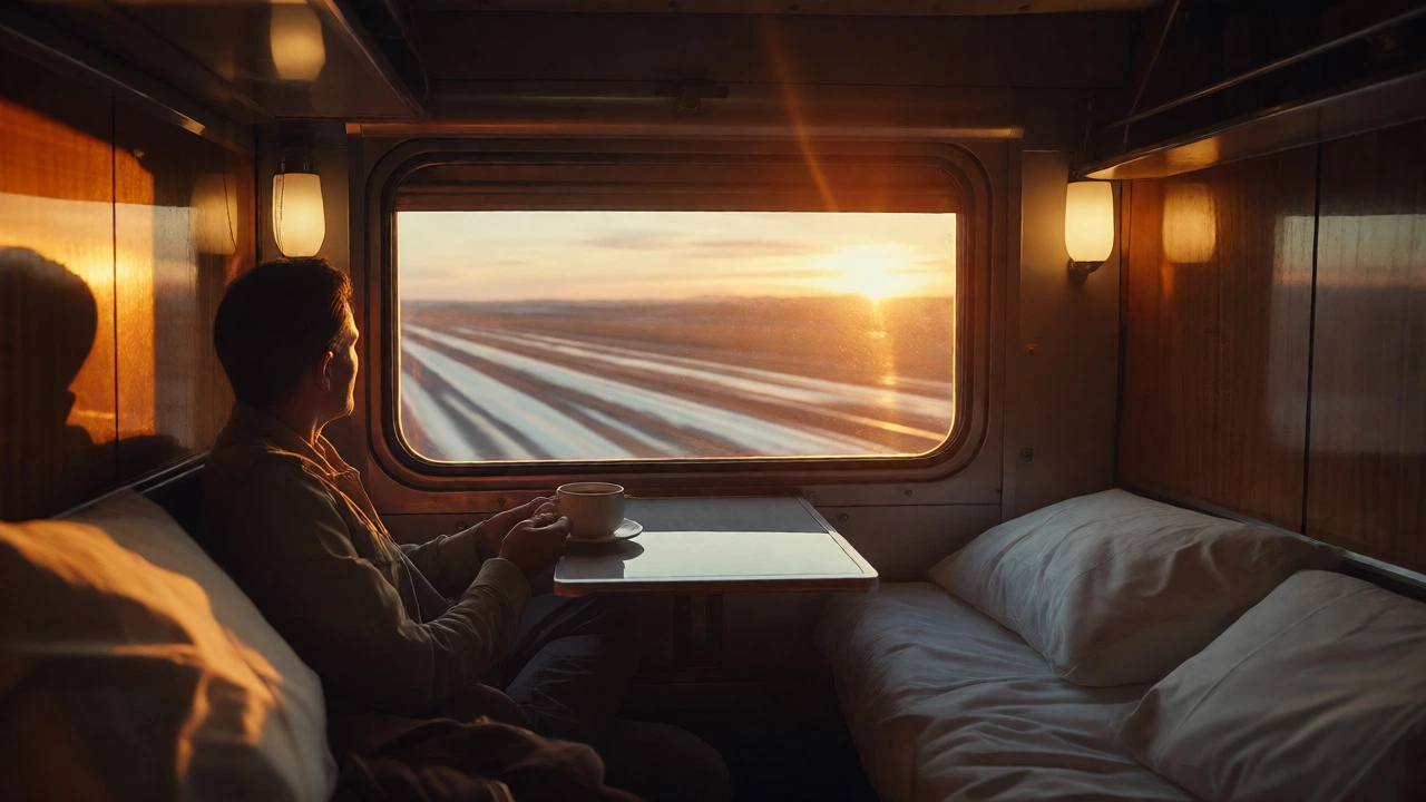 Traveler enjoying a sunrise view from inside a cozy Amtrak sleeper cabin.