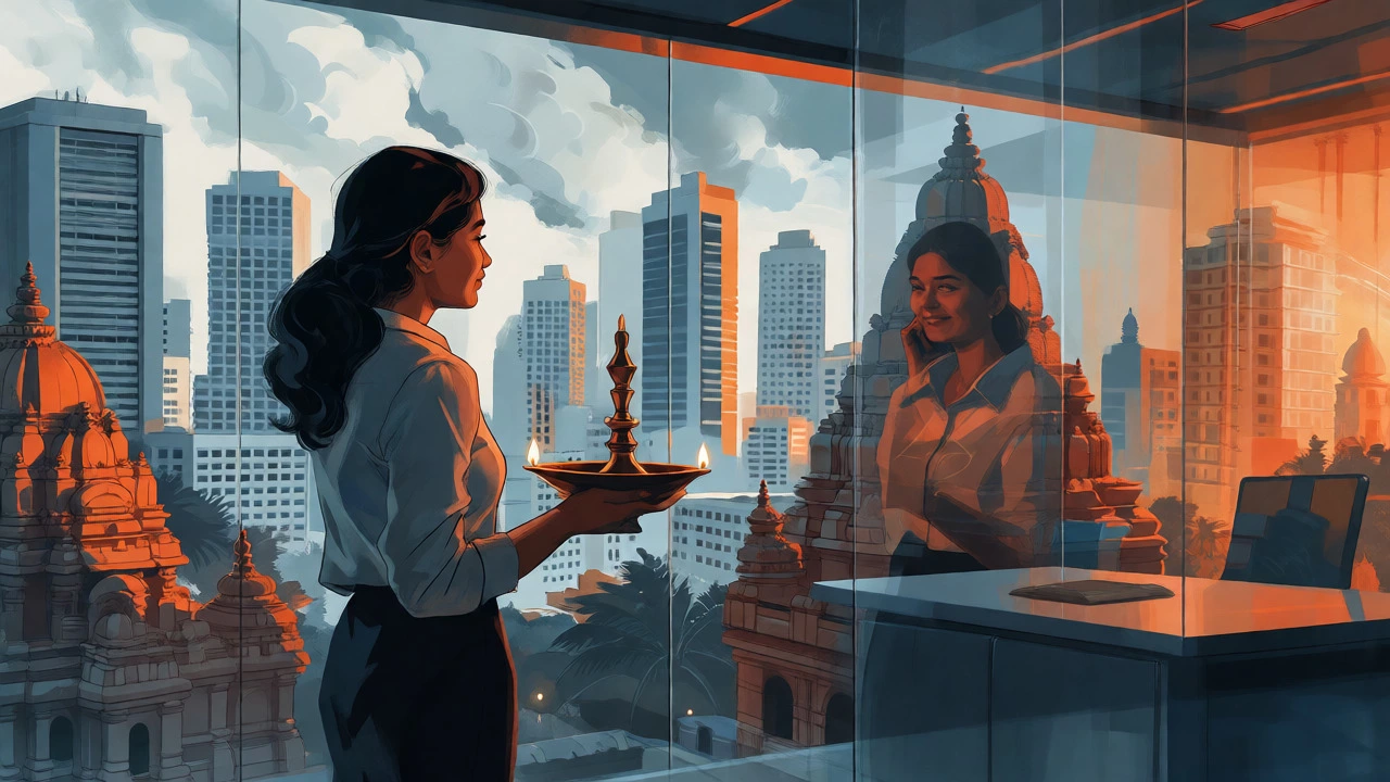 Young Indian professional blending modern career with traditional cultural symbols.